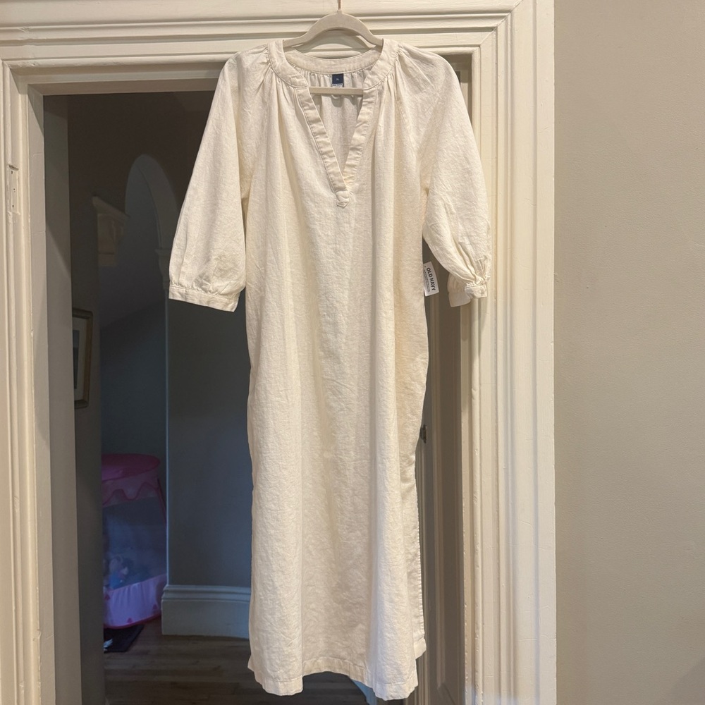 Split-Neck Linen-Blend Midi Dress NWT